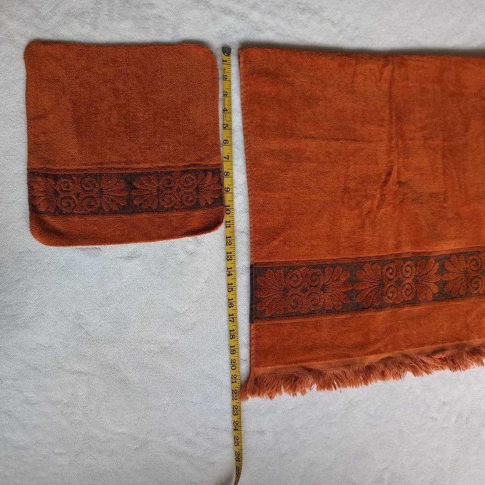 Vintage Cannon Monticello Towel Set Burnt Orange MCM 70s Sculpted Floral Fringe